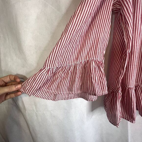 Beach Lunch Lounge Bell Statement Sleeve Blouse Striped Cold Shoulder Size XS - Picture 11 of 11